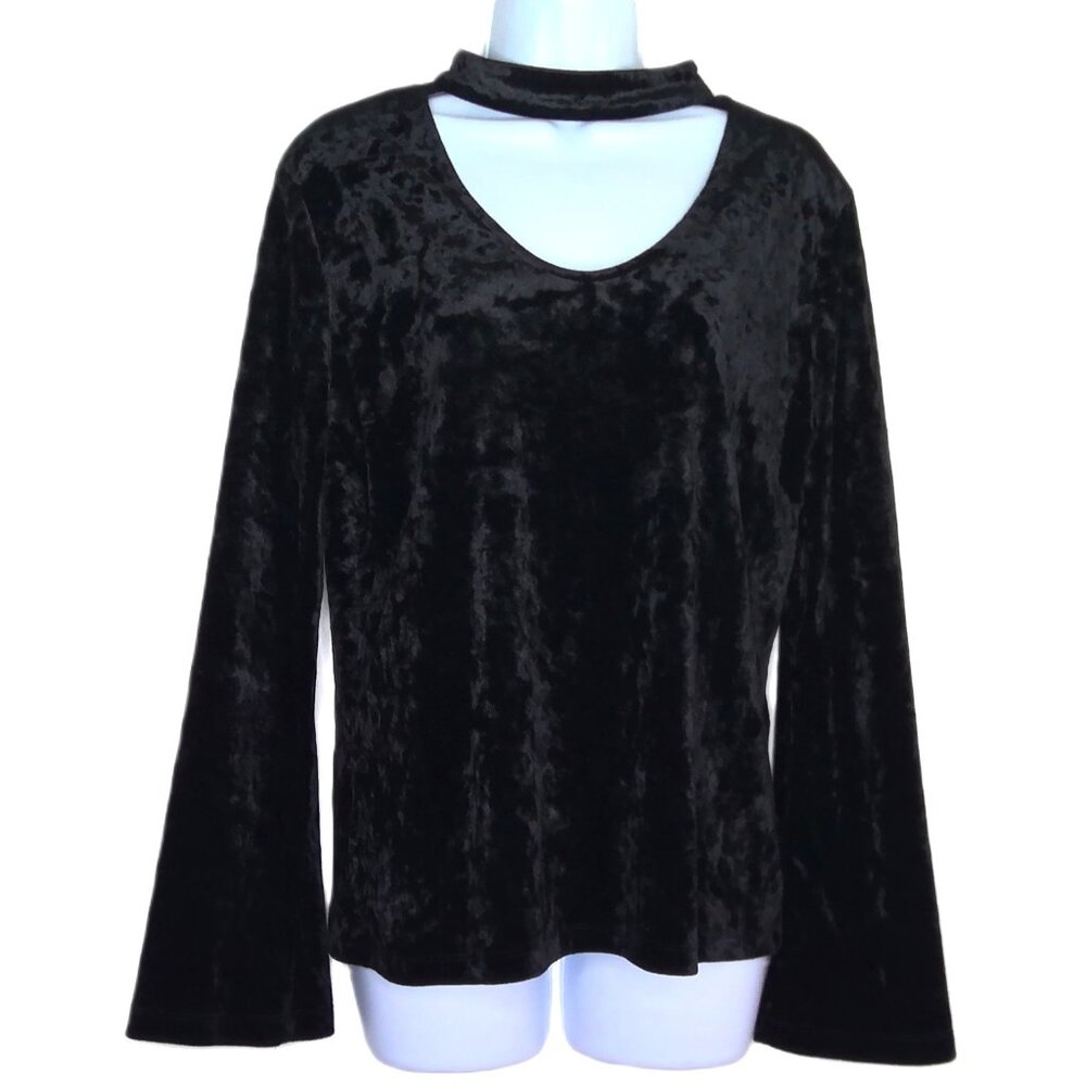 Sanctuary Black Top Whimsygoth Bell Sleeves Choker Neck "Crushed"  Velour Sz M